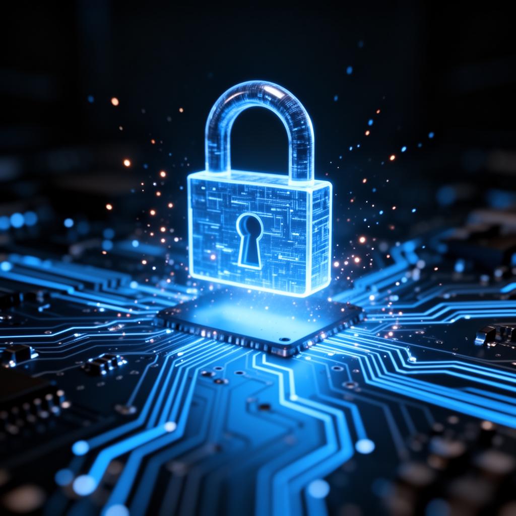 Holographic padlock rising from a glowing circuit board