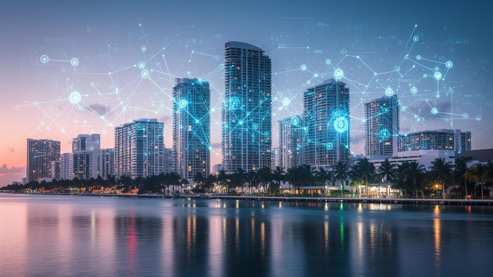 Miami skyline at dusk with cybersecurity network overlay