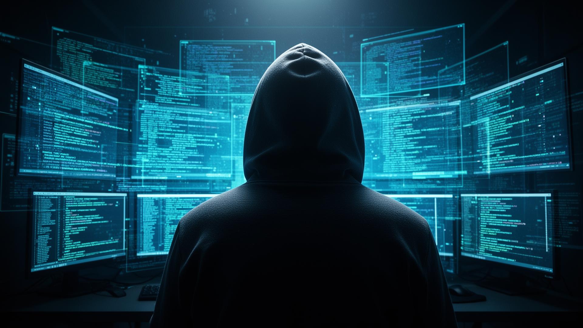 Ethical hacker analyzing threat data across multiple monitors