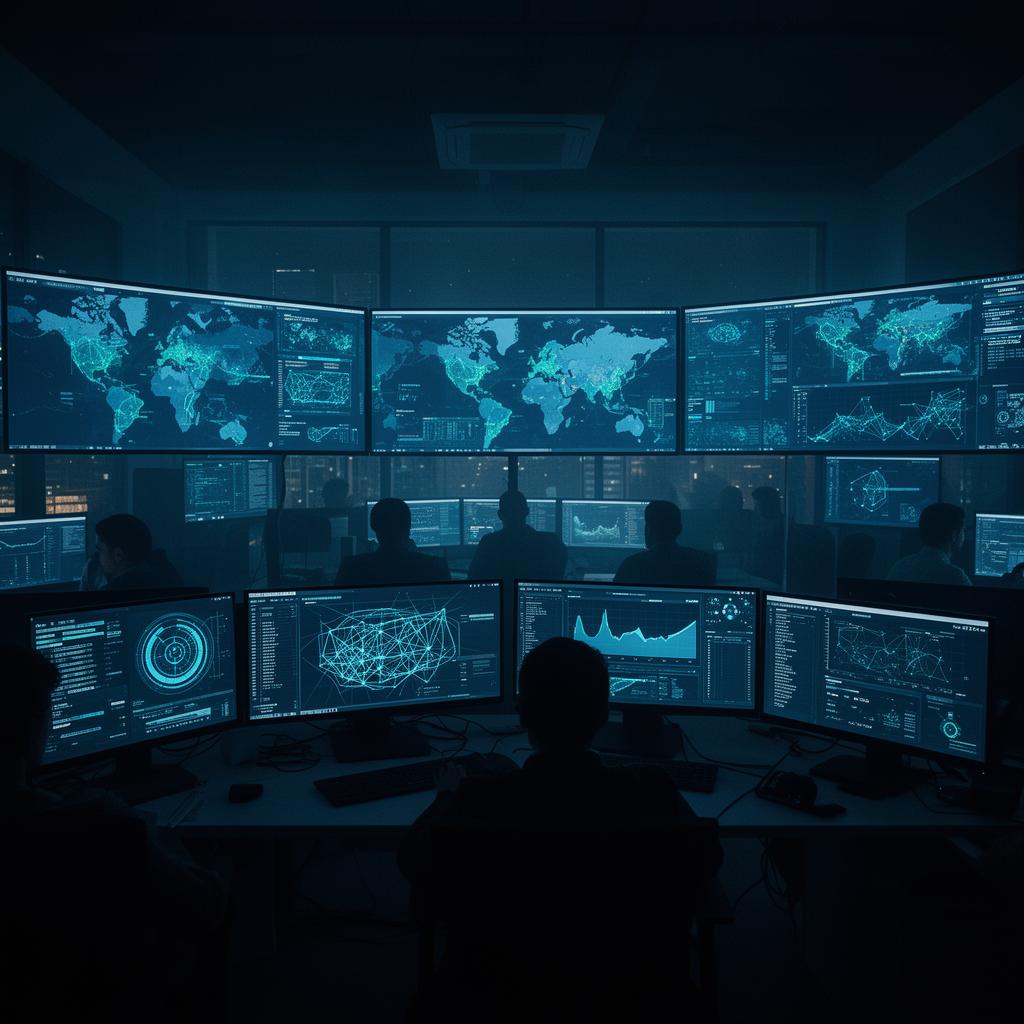 24/7 security operations center with global threat dashboards
